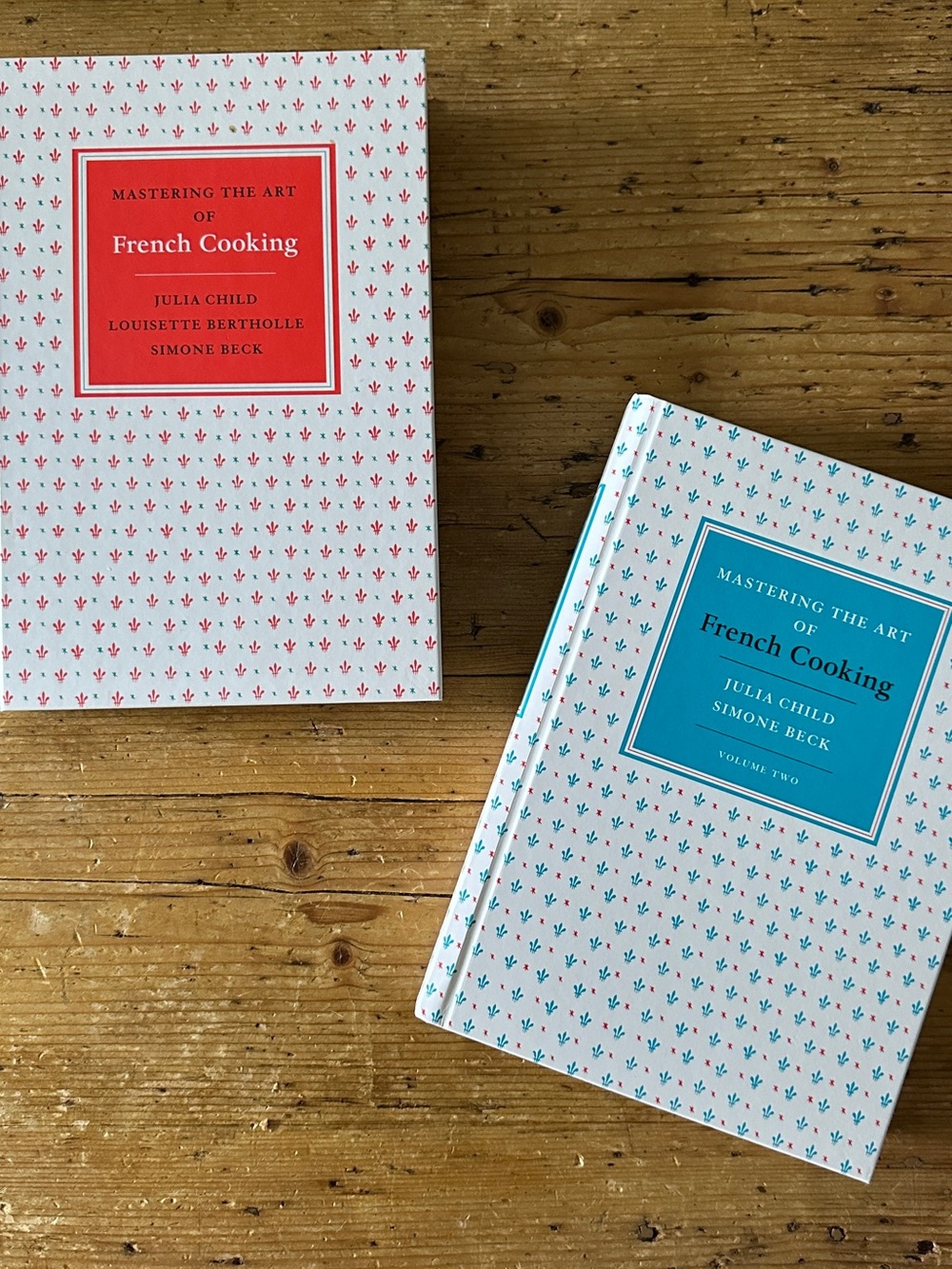 Mastering the Art of French Cooking Hardcover Books: Red & Blue Patterned Covers